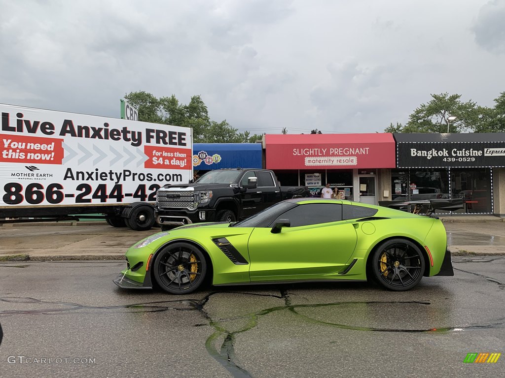 Corvette with a lime green matte wrap