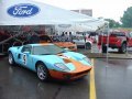 A Ford GT in the Gulf Oil Blue/Orange Racing Colors at the Ford display.